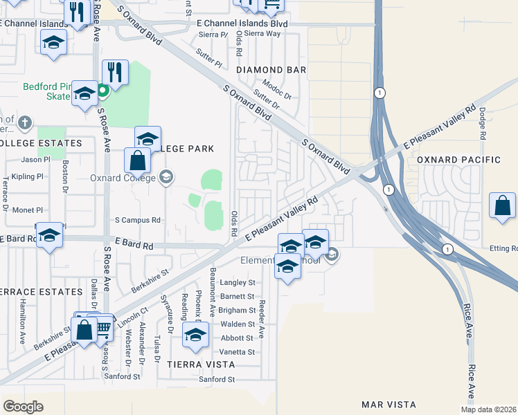map of restaurants, bars, coffee shops, grocery stores, and more near 2178 Thrush Avenue in Oxnard