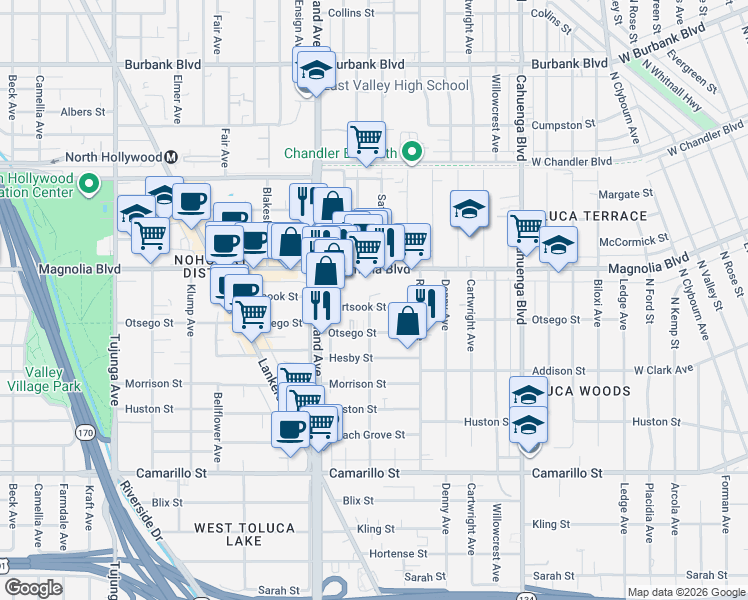map of restaurants, bars, coffee shops, grocery stores, and more near Hartsook Street in Los Angeles