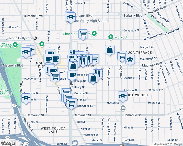 map of restaurants, bars, coffee shops, grocery stores, and more near 10823 Hartsook Street in Los Angeles