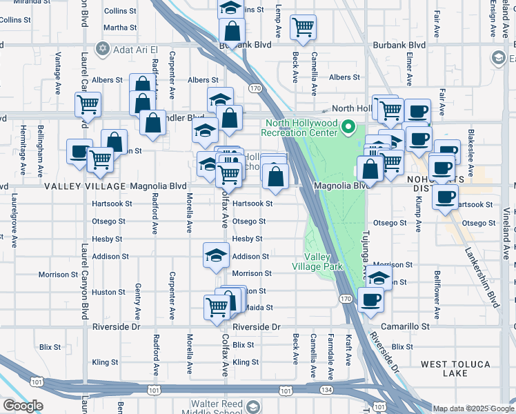 map of restaurants, bars, coffee shops, grocery stores, and more near 11600 Hartsook Street in Los Angeles