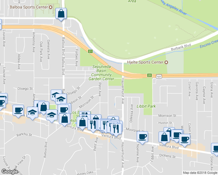map of restaurants, bars, coffee shops, grocery stores, and more near 16553 Hartsook Street in Los Angeles