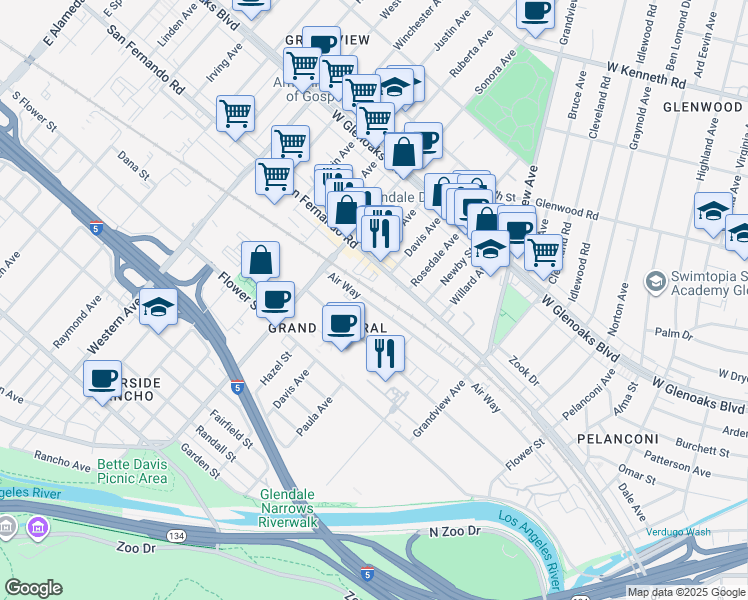 map of restaurants, bars, coffee shops, grocery stores, and more near 1333 Air Way in Glendale