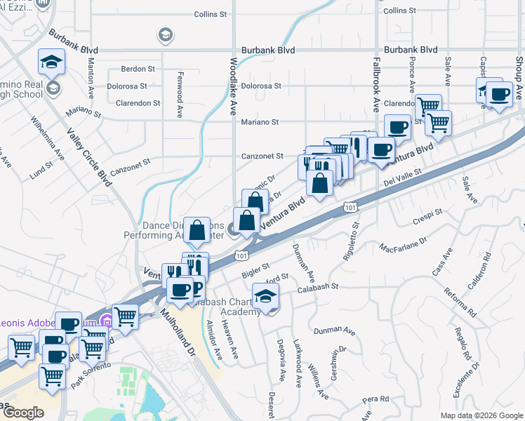 map of restaurants, bars, coffee shops, grocery stores, and more near 23138 Leonora Drive in Los Angeles