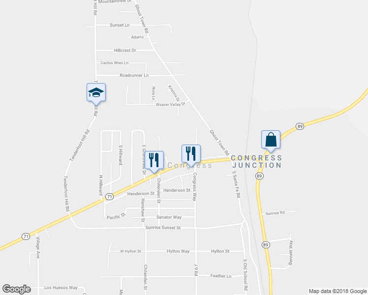 map of restaurants, bars, coffee shops, grocery stores, and more near 22568 Arizona 71 in Congress