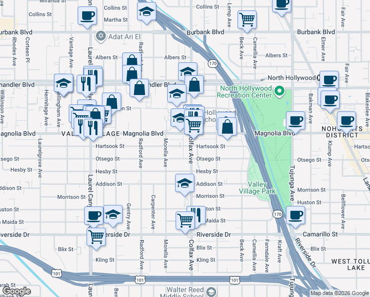map of restaurants, bars, coffee shops, grocery stores, and more near 11729 Hartsook Street in Los Angeles