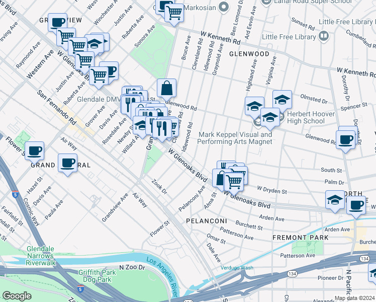 map of restaurants, bars, coffee shops, grocery stores, and more near 1112 Idlewood Road in Glendale