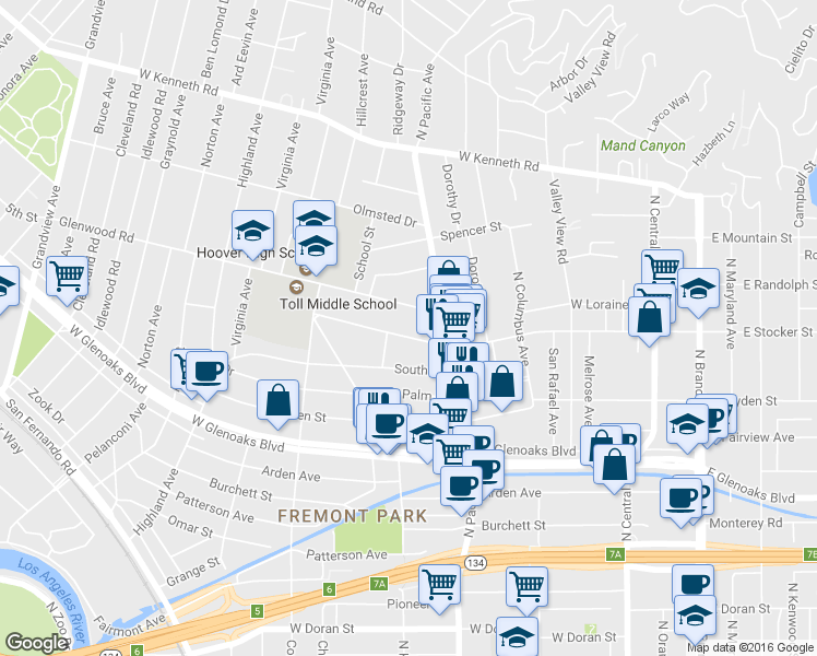 map of restaurants, bars, coffee shops, grocery stores, and more near 537 West Stocker Street in Glendale