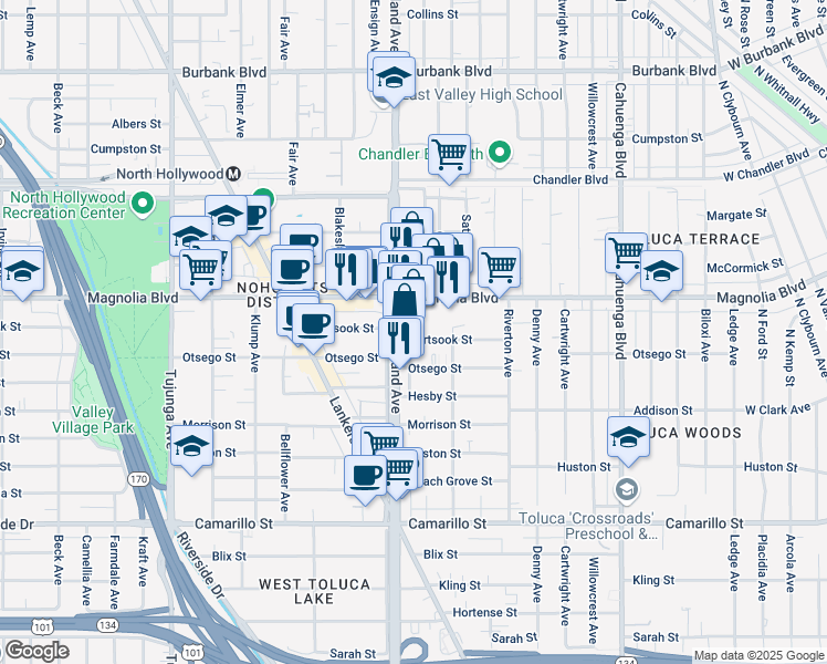 map of restaurants, bars, coffee shops, grocery stores, and more near 10947 Hartsook Street in Los Angeles
