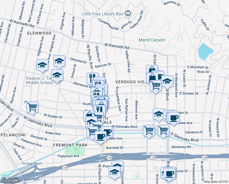 map of restaurants, bars, coffee shops, grocery stores, and more near 1210 Dorothy Drive in Glendale