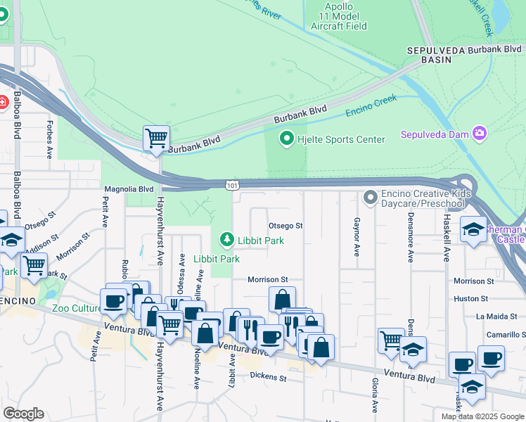 map of restaurants, bars, coffee shops, grocery stores, and more near 5163 Valjean Avenue in Los Angeles