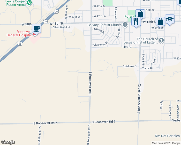 map of restaurants, bars, coffee shops, grocery stores, and more near 640 South Roosevelt Road South in Portales