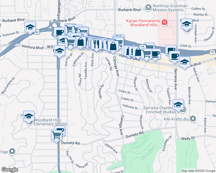 map of restaurants, bars, coffee shops, grocery stores, and more near 5221 Campo Road in Los Angeles