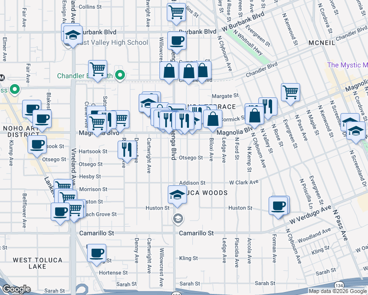 map of restaurants, bars, coffee shops, grocery stores, and more near 5127 Auckland Avenue in Los Angeles