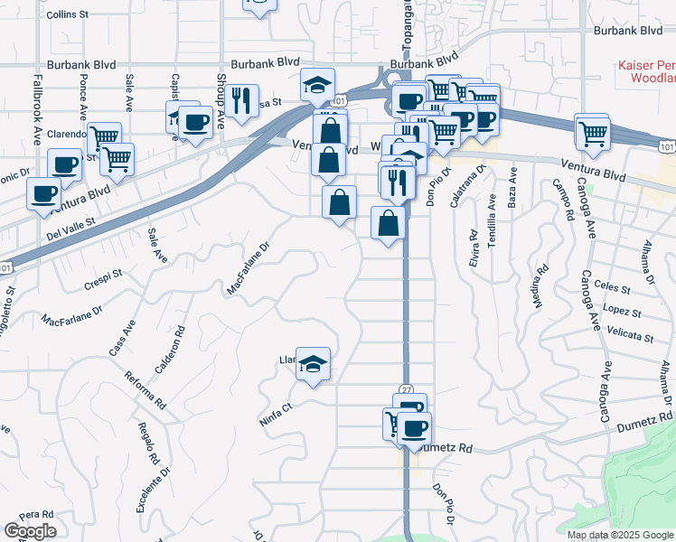map of restaurants, bars, coffee shops, grocery stores, and more near 22210 Miston Drive in Los Angeles
