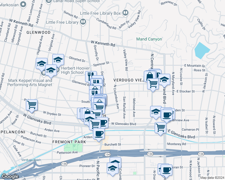 map of restaurants, bars, coffee shops, grocery stores, and more near 1207 North Columbus Avenue in Glendale