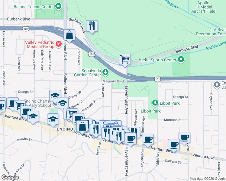 map of restaurants, bars, coffee shops, grocery stores, and more near 16553 Hartsook Street in Los Angeles