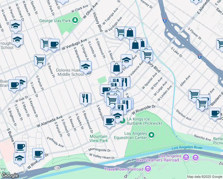 map of restaurants, bars, coffee shops, grocery stores, and more near 1011 West Alameda Avenue in Burbank