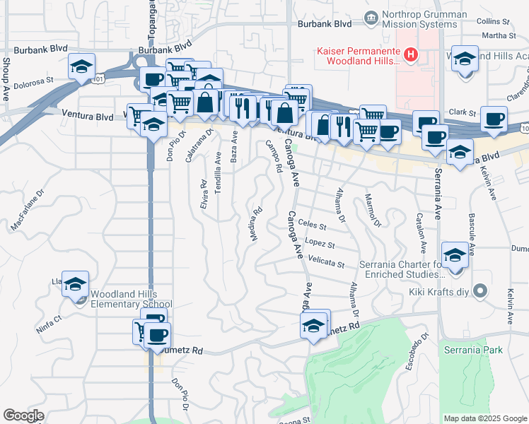 map of restaurants, bars, coffee shops, grocery stores, and more near 5220 Medina Road in Los Angeles