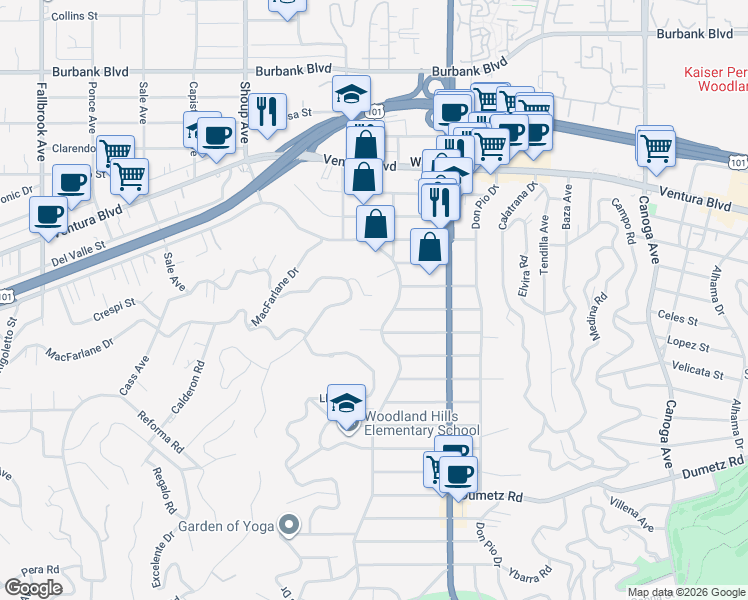 map of restaurants, bars, coffee shops, grocery stores, and more near 22228 Miston Drive in Los Angeles