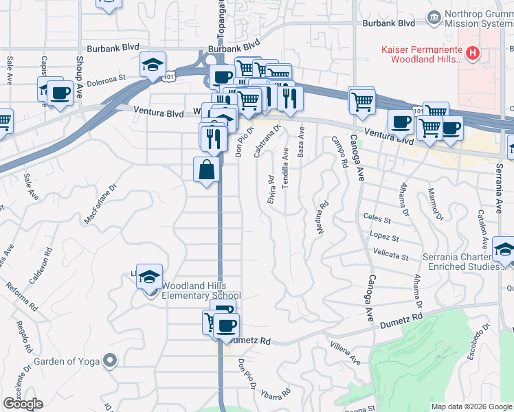 map of restaurants, bars, coffee shops, grocery stores, and more near 5211 Calatrana Drive in Los Angeles