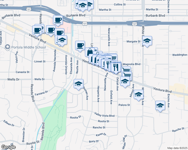 map of restaurants, bars, coffee shops, grocery stores, and more near 5122 Lindley Avenue in Los Angeles