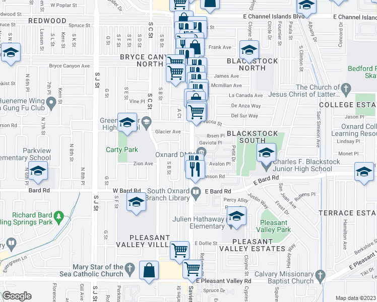 map of restaurants, bars, coffee shops, grocery stores, and more near 3921 Saviers Road in Oxnard