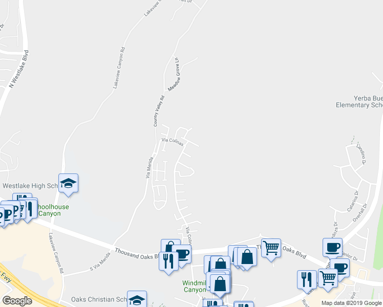 map of restaurants, bars, coffee shops, grocery stores, and more near 528 Via Colinas in Thousand Oaks