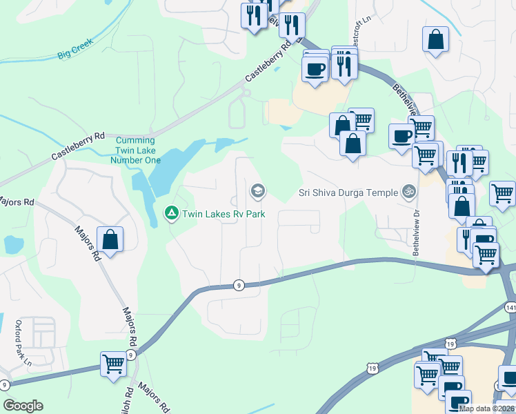 map of restaurants, bars, coffee shops, grocery stores, and more near 3067 Kentmere Drive in Cumming