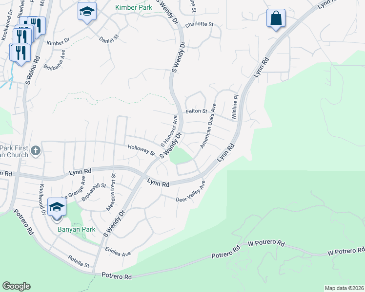 map of restaurants, bars, coffee shops, grocery stores, and more near 3082 Blondell Place in Thousand Oaks