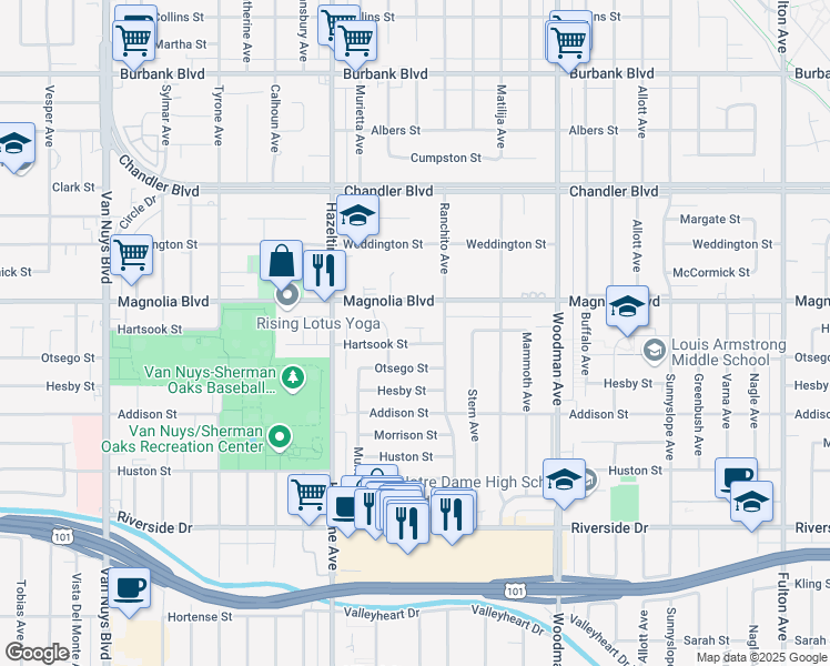 map of restaurants, bars, coffee shops, grocery stores, and more near 5131 Colbath Avenue in Los Angeles
