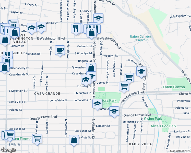 map of restaurants, bars, coffee shops, grocery stores, and more near 1024 North Altadena Drive in Pasadena