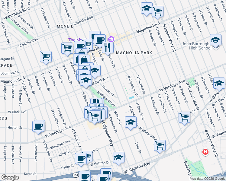 map of restaurants, bars, coffee shops, grocery stores, and more near 716 North Avon Street in Burbank
