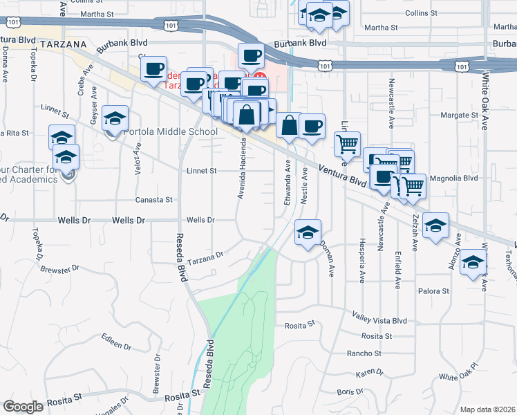 map of restaurants, bars, coffee shops, grocery stores, and more near 18326 Columbus Circle in Los Angeles