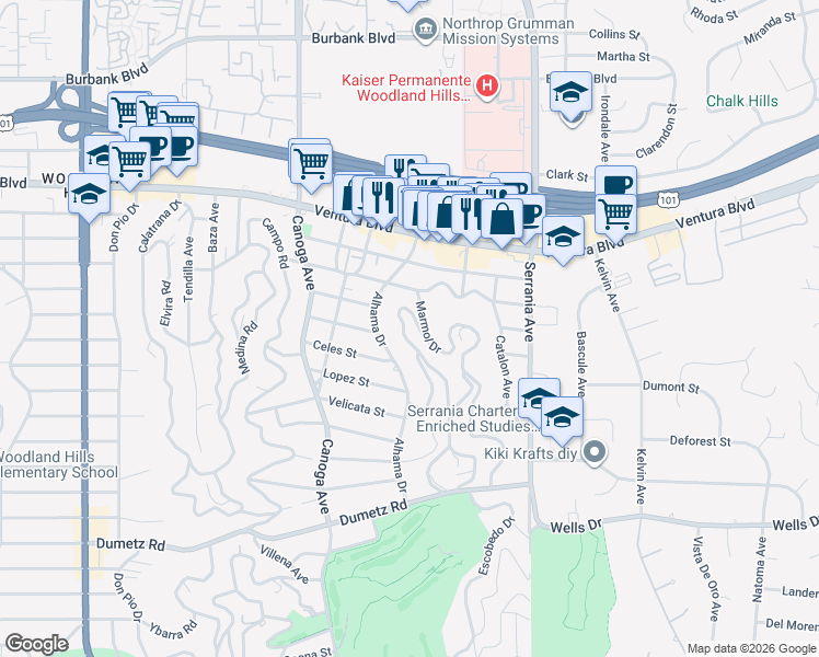 map of restaurants, bars, coffee shops, grocery stores, and more near 5120 Escobedo Drive in Los Angeles