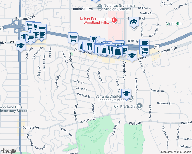 map of restaurants, bars, coffee shops, grocery stores, and more near 5120 Escobedo Drive in Los Angeles