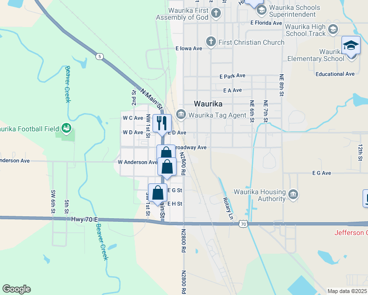 map of restaurants, bars, coffee shops, grocery stores, and more near 105 South Meridian Street in Waurika