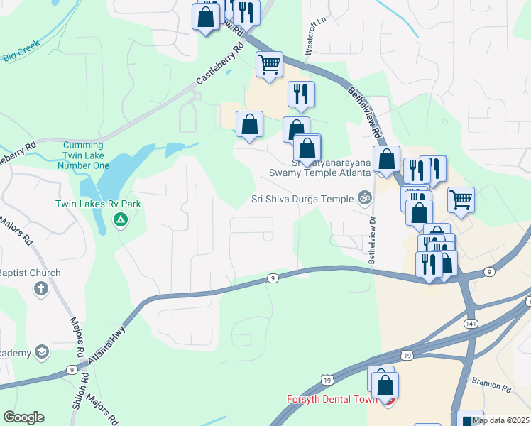 map of restaurants, bars, coffee shops, grocery stores, and more near 3145 Carrick Road in Cumming