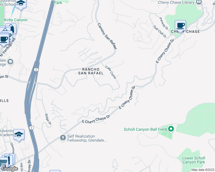 map of restaurants, bars, coffee shops, grocery stores, and more near 873 Calle La Primavera in Glendale