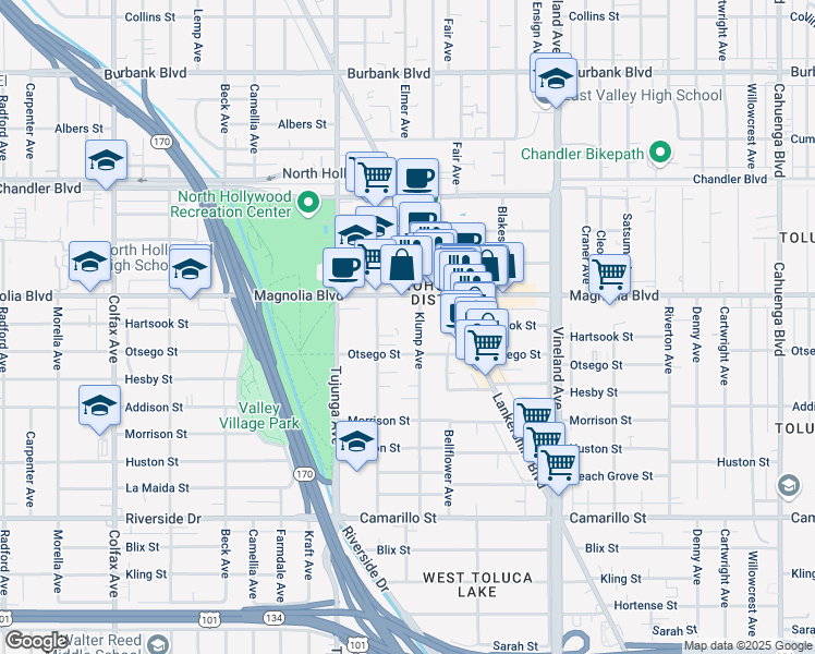 map of restaurants, bars, coffee shops, grocery stores, and more near 5130 Klump Avenue in Los Angeles