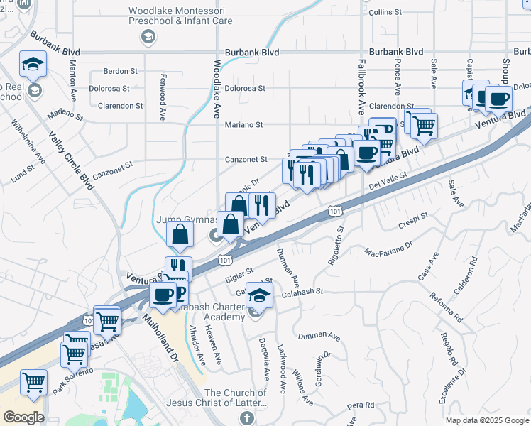 map of restaurants, bars, coffee shops, grocery stores, and more near 23067 Ventura Boulevard in Los Angeles