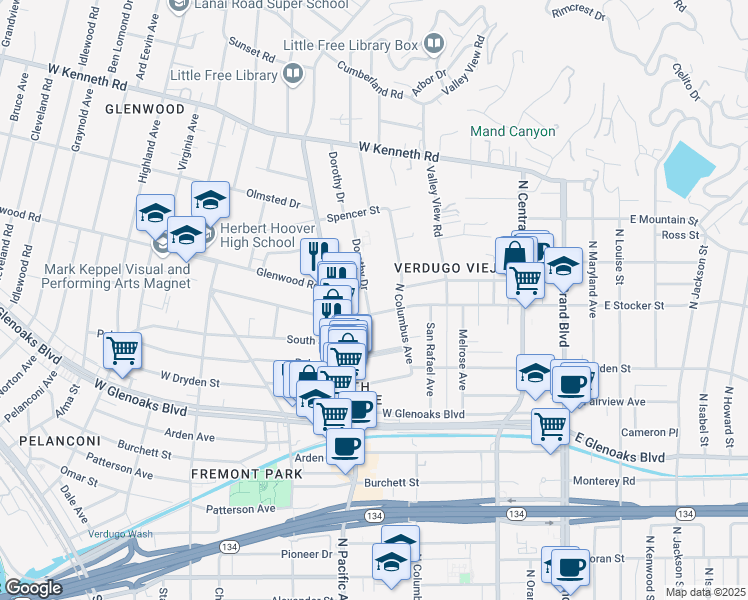 map of restaurants, bars, coffee shops, grocery stores, and more near 1210 Dorothy Drive in Glendale