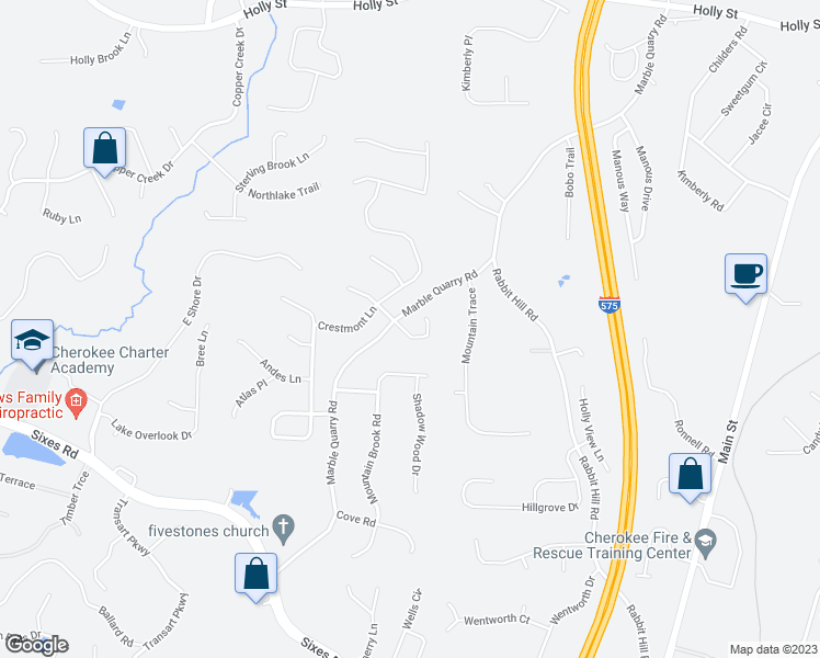 map of restaurants, bars, coffee shops, grocery stores, and more near 705 Creekwood Lane in Canton