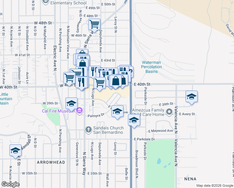 map of restaurants, bars, coffee shops, grocery stores, and more near 253 Sonora Drive in San Bernardino