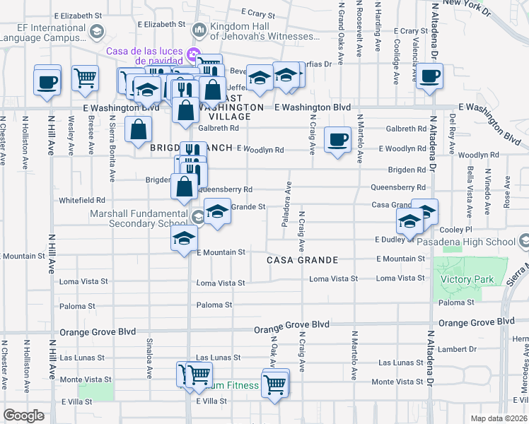 map of restaurants, bars, coffee shops, grocery stores, and more near 2030 Casa Grande Street in Pasadena