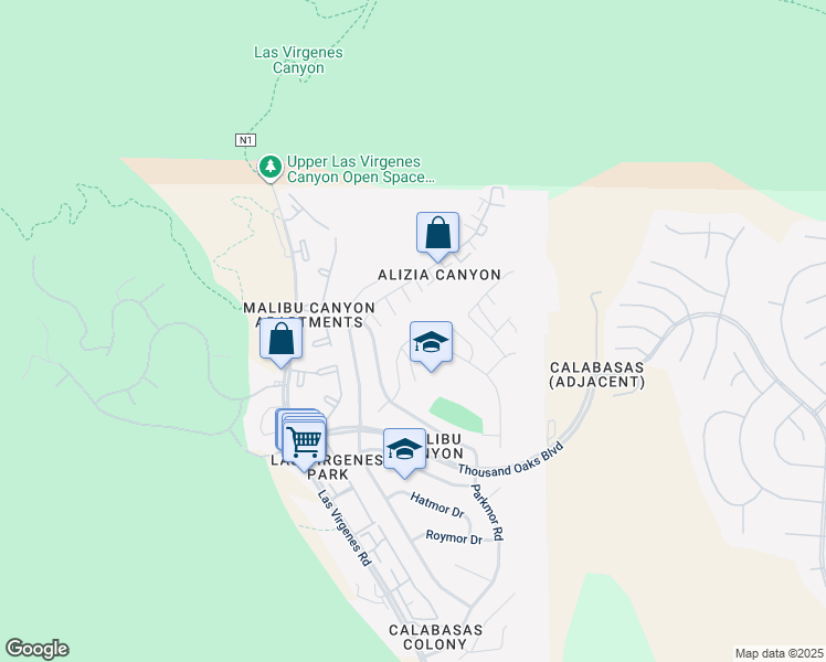map of restaurants, bars, coffee shops, grocery stores, and more near 26197 Adamor Road in Calabasas