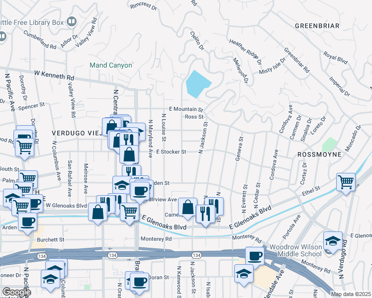 map of restaurants, bars, coffee shops, grocery stores, and more near 405 East Stocker Street in Glendale