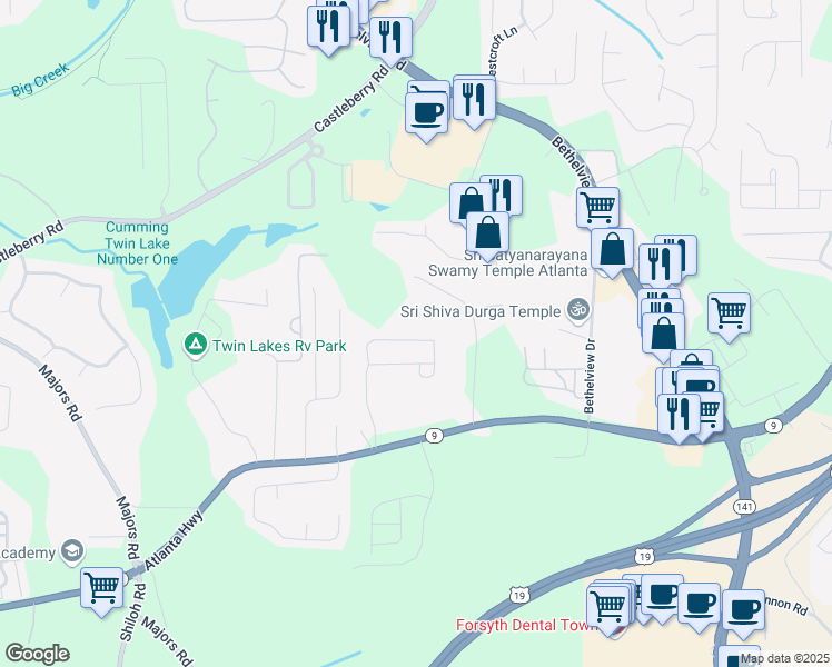 map of restaurants, bars, coffee shops, grocery stores, and more near 3135 Carrick Road in Cumming
