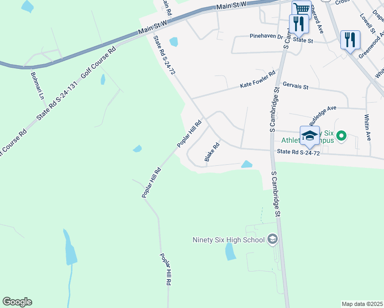 map of restaurants, bars, coffee shops, grocery stores, and more near 7 State Road S-24-586 in Ninety Six