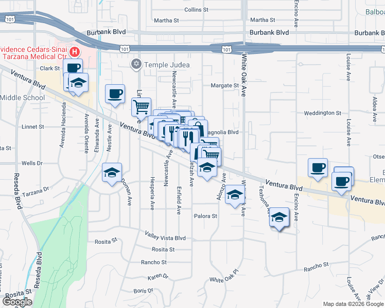 map of restaurants, bars, coffee shops, grocery stores, and more near Ventura Boulevard & Zelzah Avenue in Los Angeles