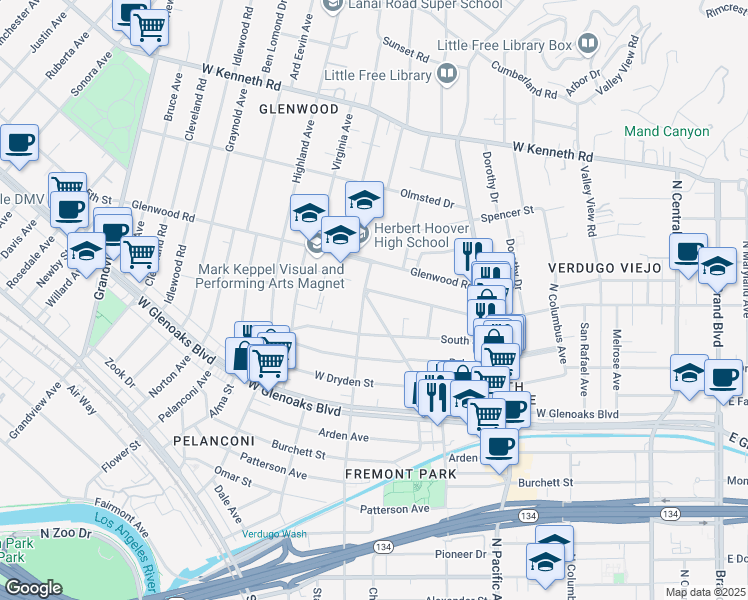 map of restaurants, bars, coffee shops, grocery stores, and more near 632 West Stocker Street in Glendale